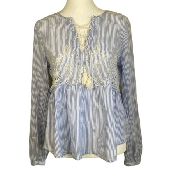 Gap Striped Embroidered Eyelet Tiered Peasant Blouse Tassels Puff Sleeves Sz XS - Picture 3 of 16